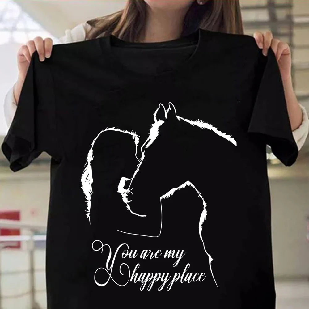 Funny Horse You Are My Happy Place Print Women Short Sleeve Tee Shirts Tops