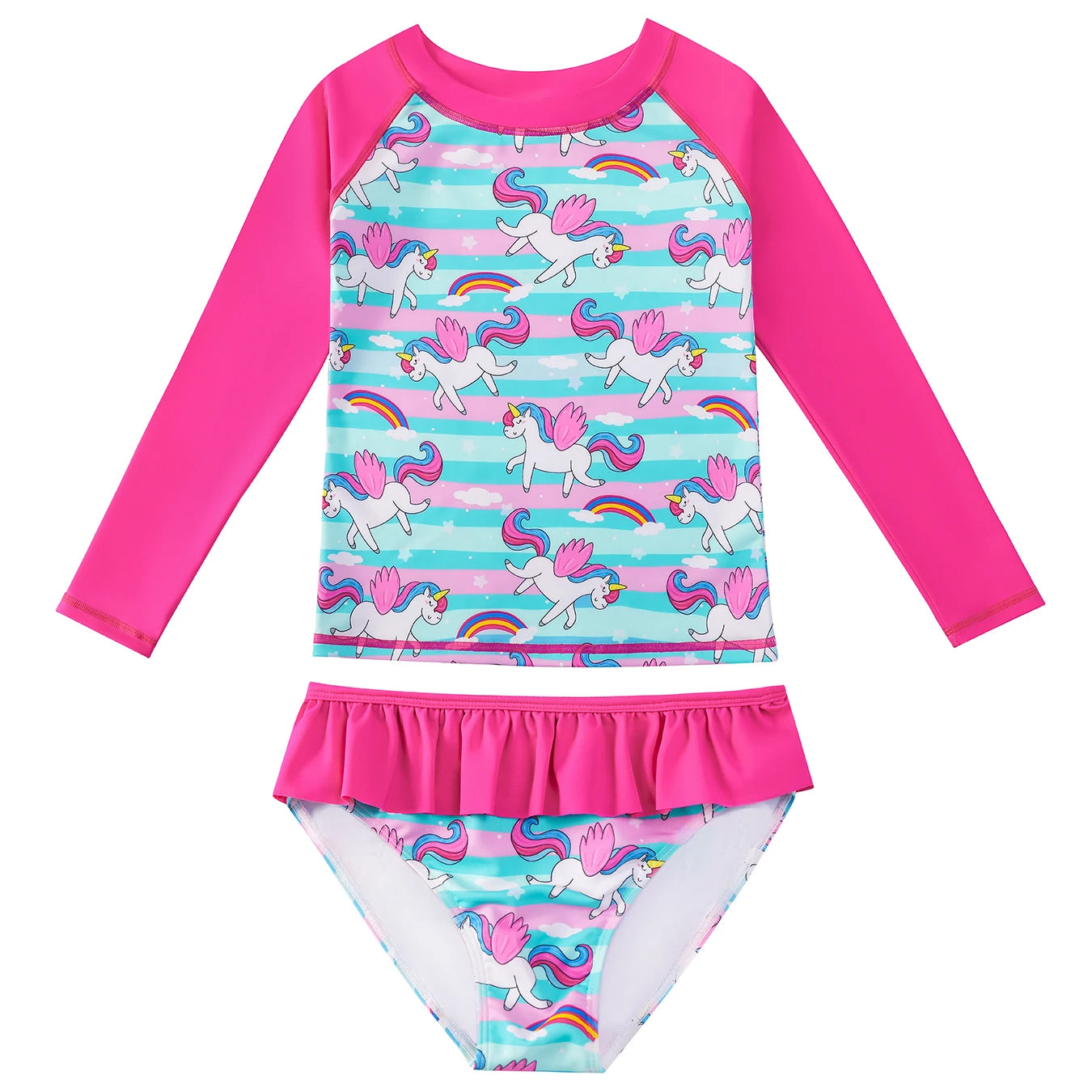 2pcs Kids Girls Long Sleeve Cartoon Horse Rainbow Print Beach Tops & Swim Briefs Swimsuit