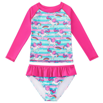 2pcs Kids Girls Long Sleeve Cartoon Horse Rainbow Print Beach Tops & Swim Briefs Swimsuit