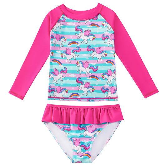 2pcs Kids Girls Long Sleeve Cartoon Horse Rainbow Print Beach Tops & Swim Briefs Swimsuit