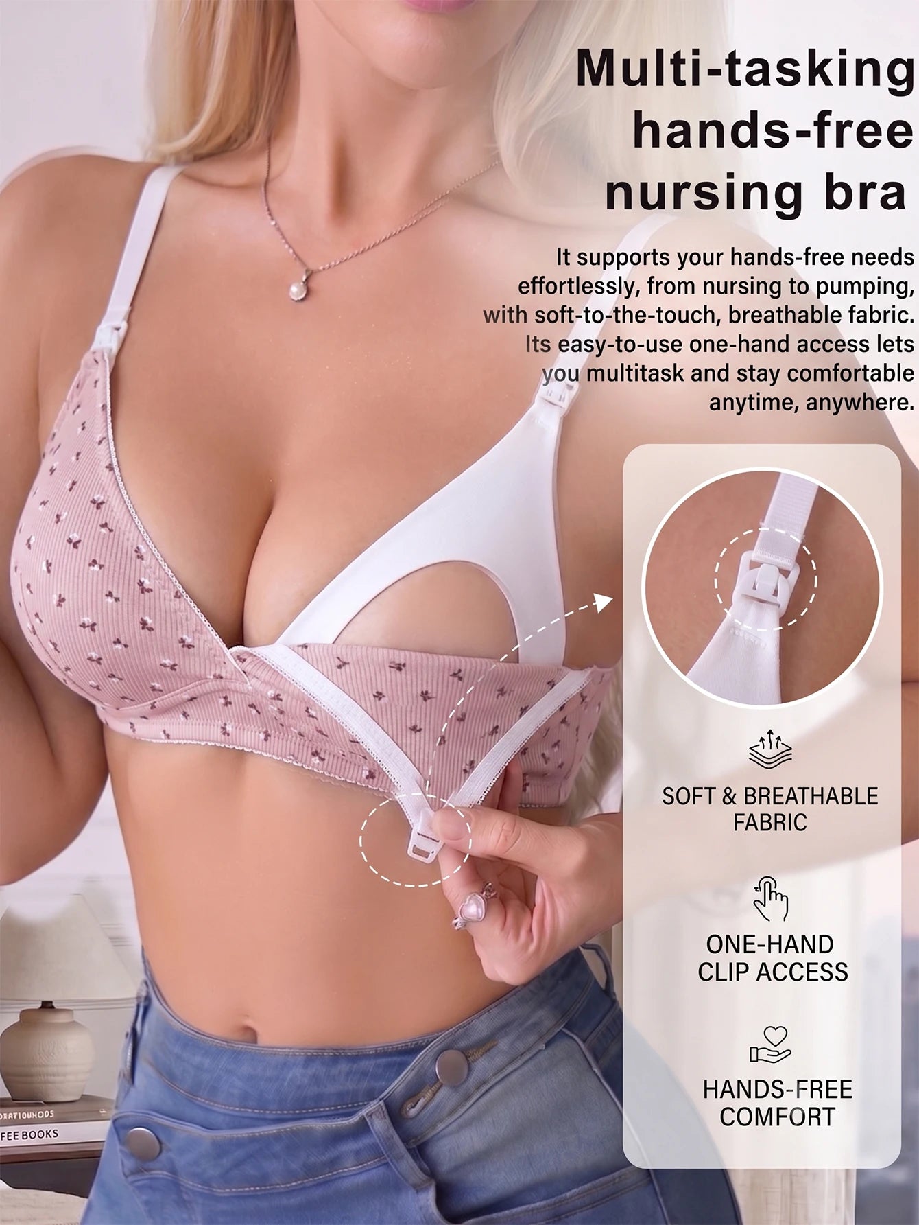 Women Cotton Pink Nursing Front Clip Floral Print Ribbed Wireless Breastfeeding Maternity Bra