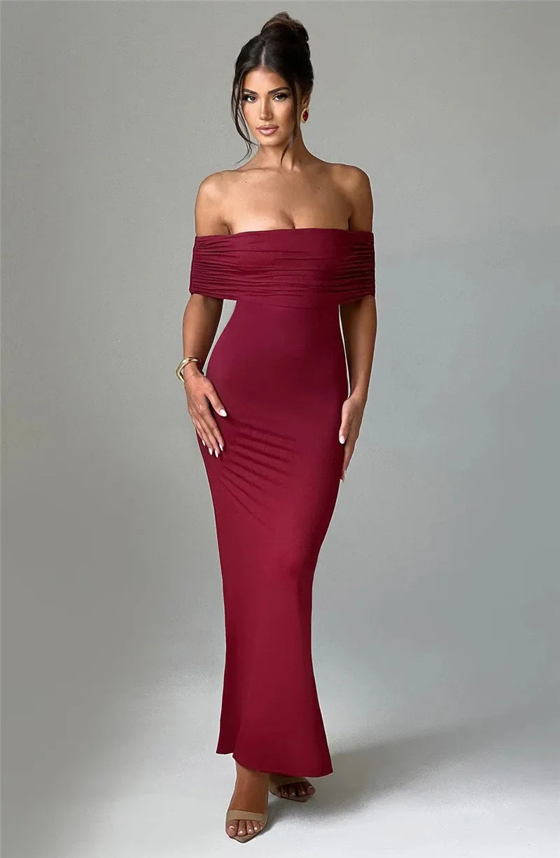 Women Strapless Backless Maxi Solid Off-shoulder Sleeveless Bodycon Long Dress