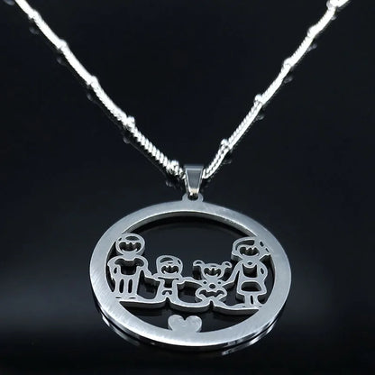 Family Boy Gril Stainless Steel Silver Color Crystal Necklace