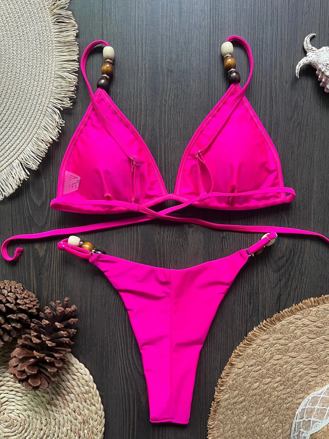 Sexy Women Pearls Strap Hole Out Push Up Bra Thong Swimsuit Brazilian Beach Bathing Micro Bikini Suit