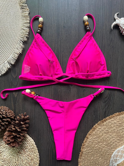 Sexy Women Pearls Strap Hole Out Push Up Bra Thong Swimsuit Brazilian Beach Bathing Micro Bikini Suit