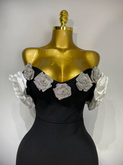 Celebrity Sexy Rhinestone Off Shoulder Flower Maxi Long Bandage Evening Party Dress
