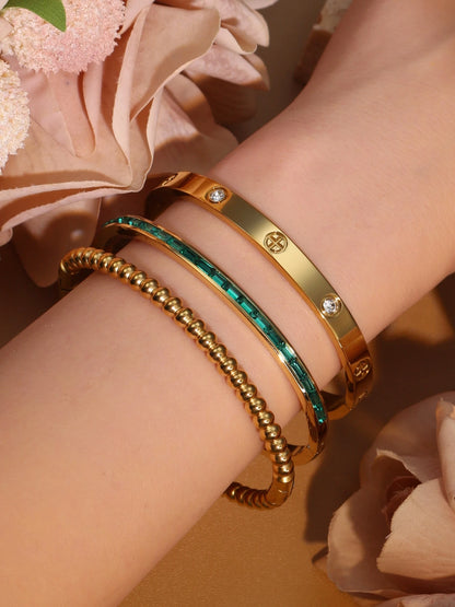 Women 18k Gold Plated Stainless Steel Green Zircon Bangles Bracelet Set Gift.