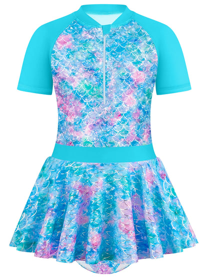 Kids Girls Short Sleeve Shinny Beach Sky Blue Skirted Bikini Briefs Swimming Suit