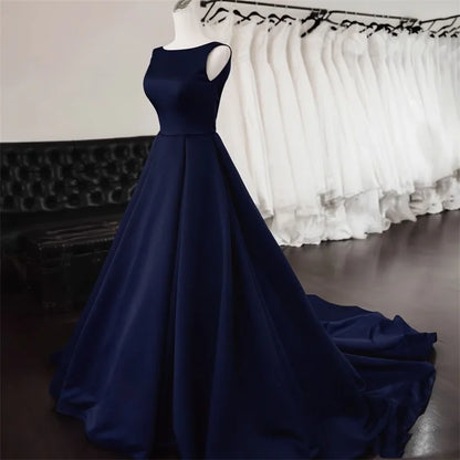 Women's Scoop Neck Sweep Train Prom Backless A-line Satin Long Formal Evening Party Dress w/ Pockets