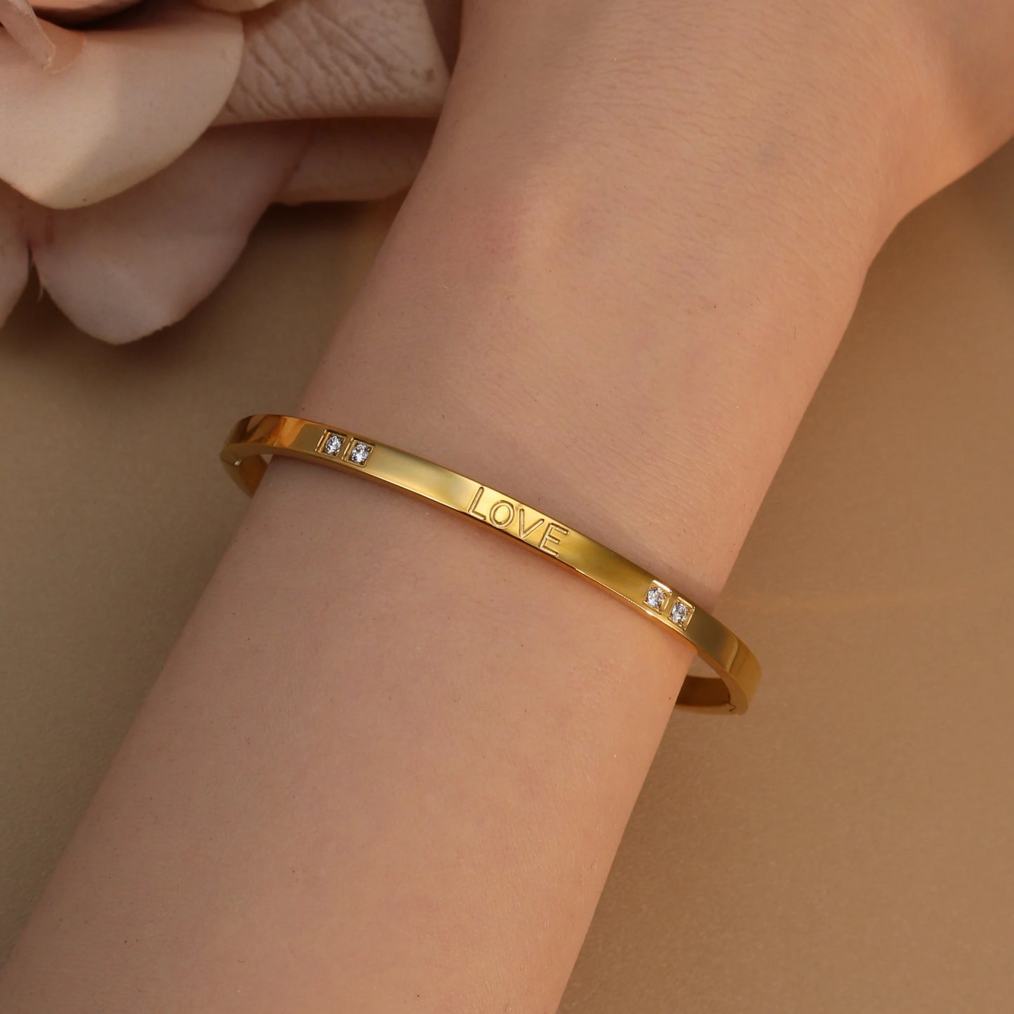 18K Gold-Plated LOVE Stainless Steel Zircon Openwork Bangle Bracelet Women's Jewelry