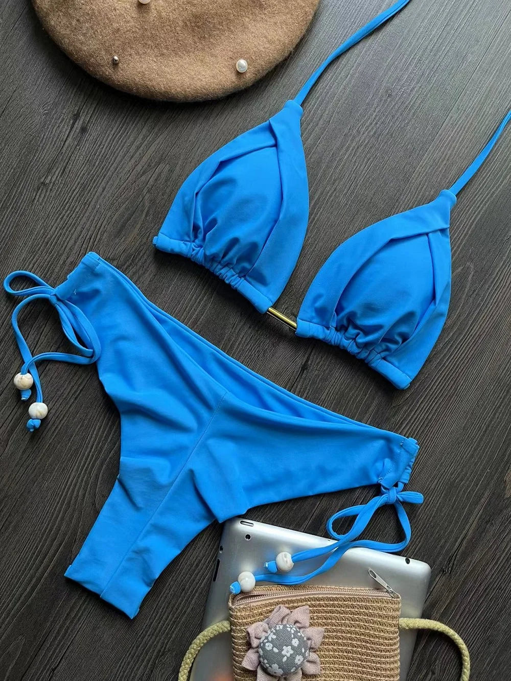 Solid Color Bikini Swimsuit Hanging Neck Rope Split Swimsuit 2-piece Beachwear Suit