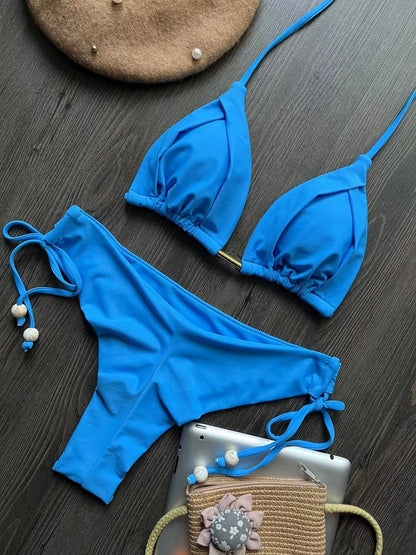 Solid Color Bikini Swimsuit Hanging Neck Rope Split Swimsuit 2-piece Beachwear Suit