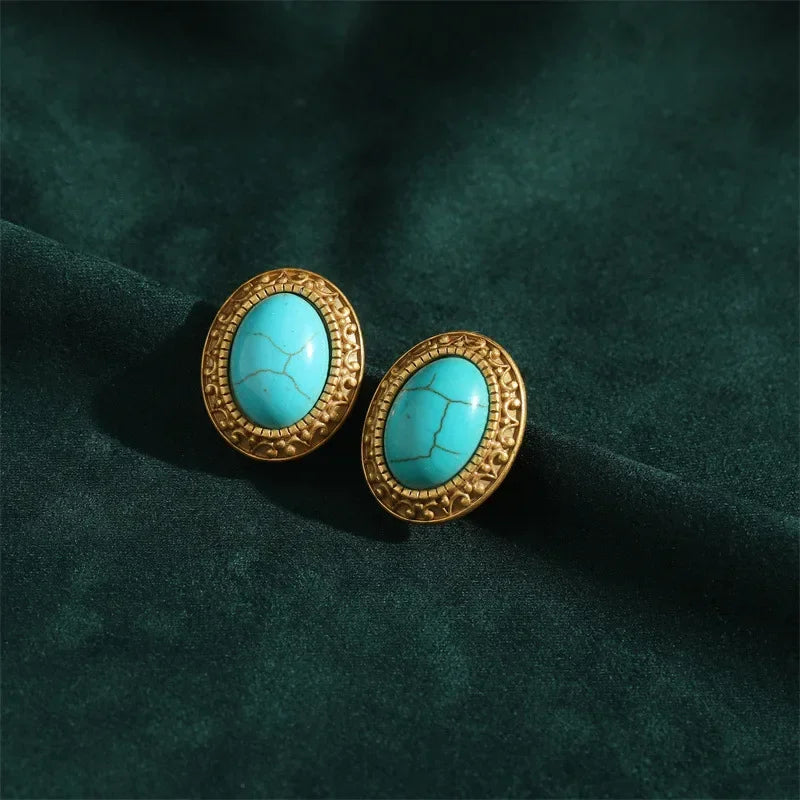 Women Gothic Vintage Designer Natural Blue Stone Stud Earrings