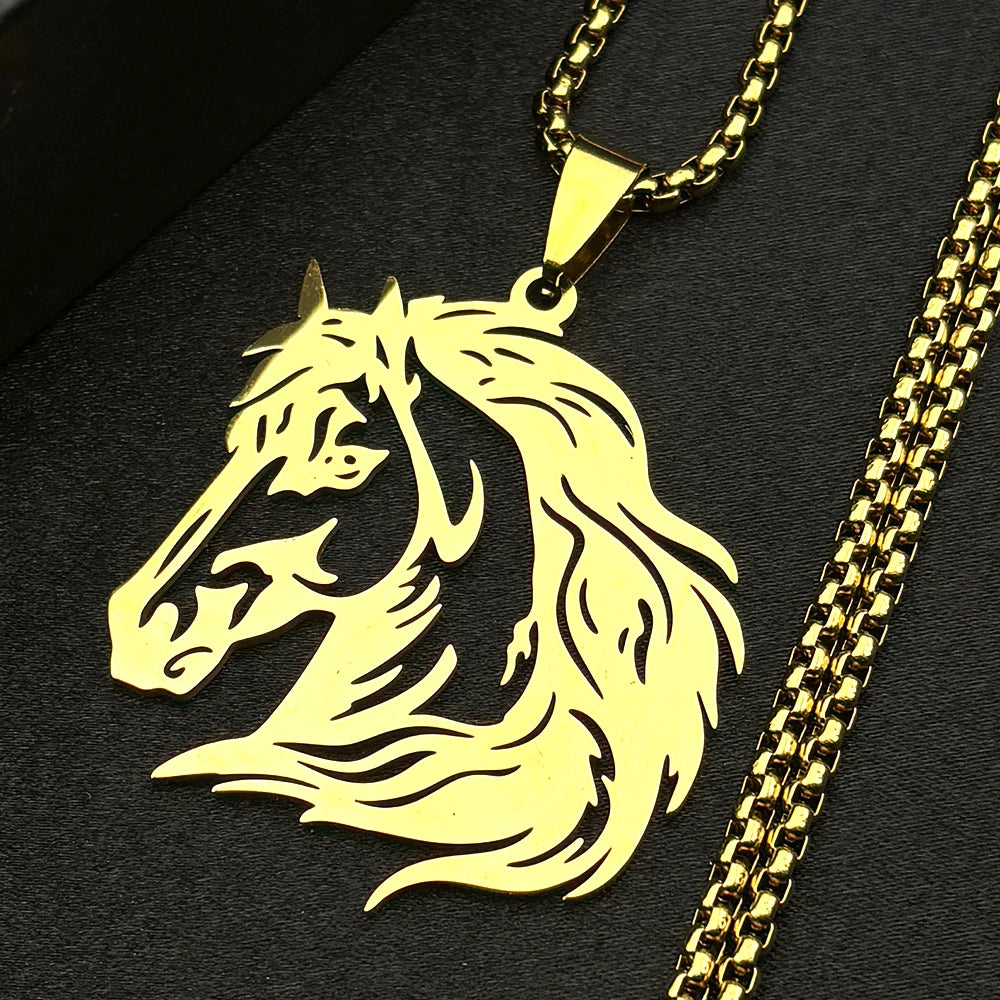Women Men Stainless Steel Silver Color Horse Head Animal Pony West Cowboy Pendant Necklace