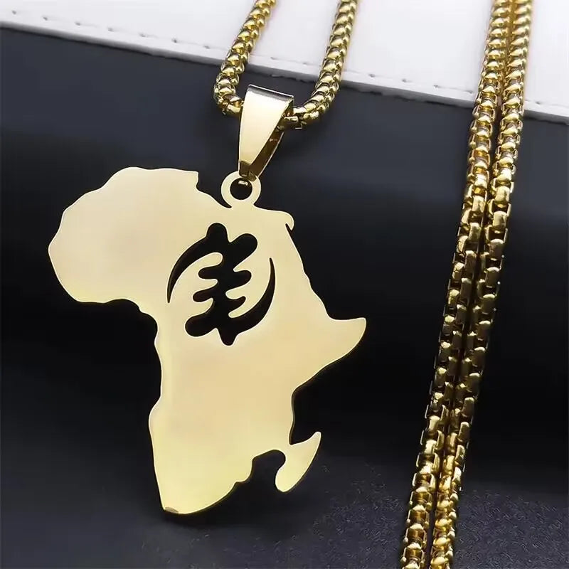 Women Men Stainless Steel Silver Color Ethnic Adinkra Gye Nyame Ghana African Chain Necklace
