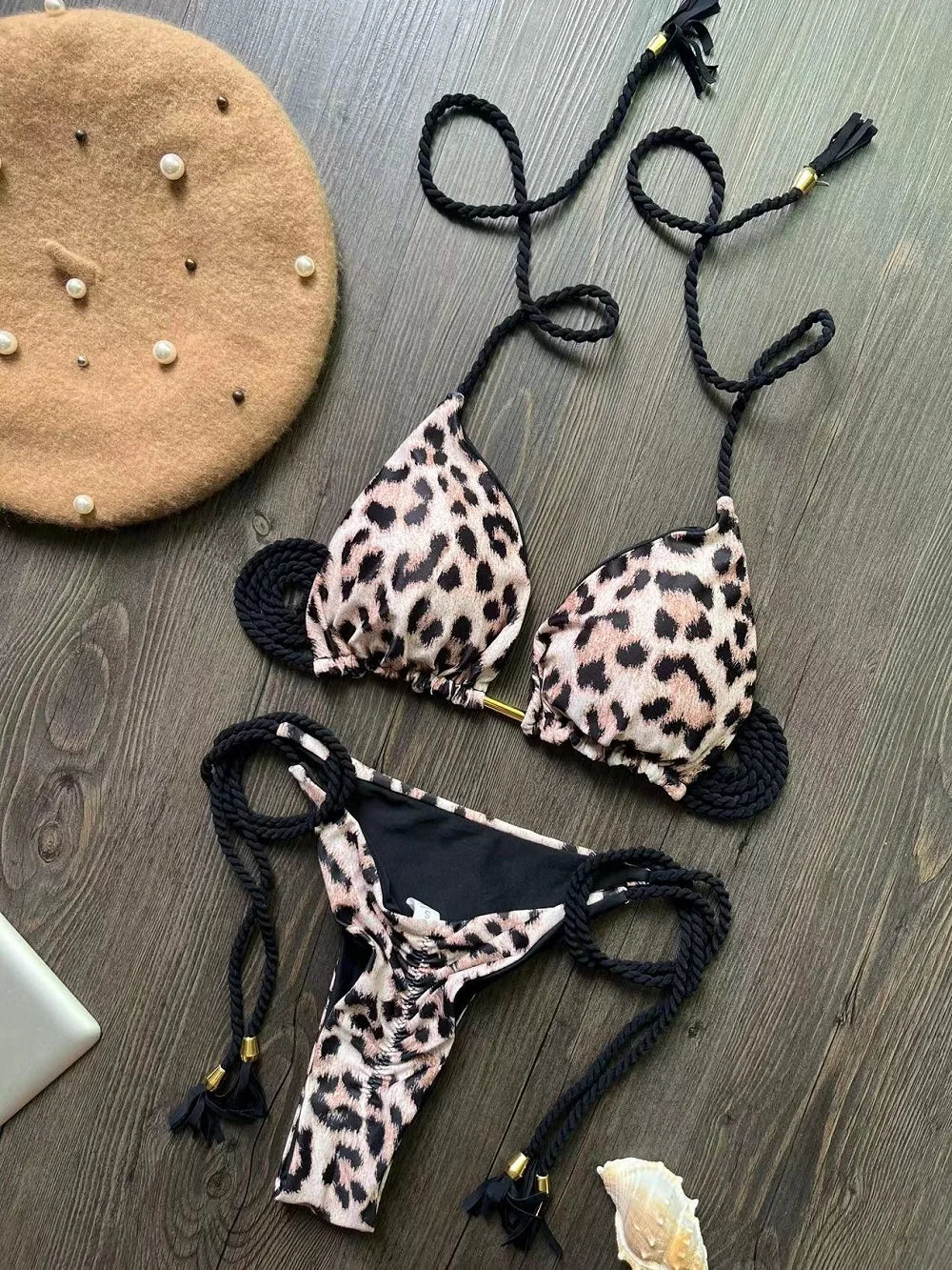 Sexy Leopard Print Women's Split Bikini Woven Rope Strap Fringe Two-Piece Swimsuit Bathing Suit