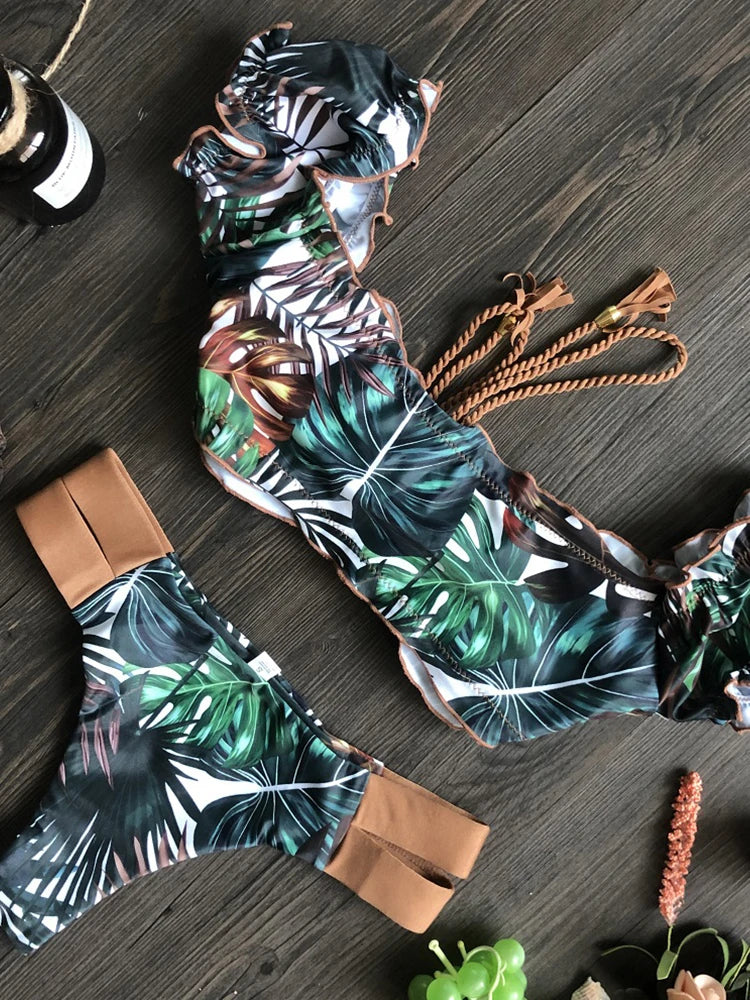 Women Swimsuit Ruffle Push Up Swimwear Brazilian Ribbed Beachwear Bathing Bikini Suit