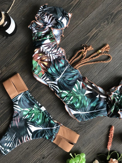 Women Swimsuit Ruffle Push Up Swimwear Brazilian Ribbed Beachwear Bathing Bikini Suit