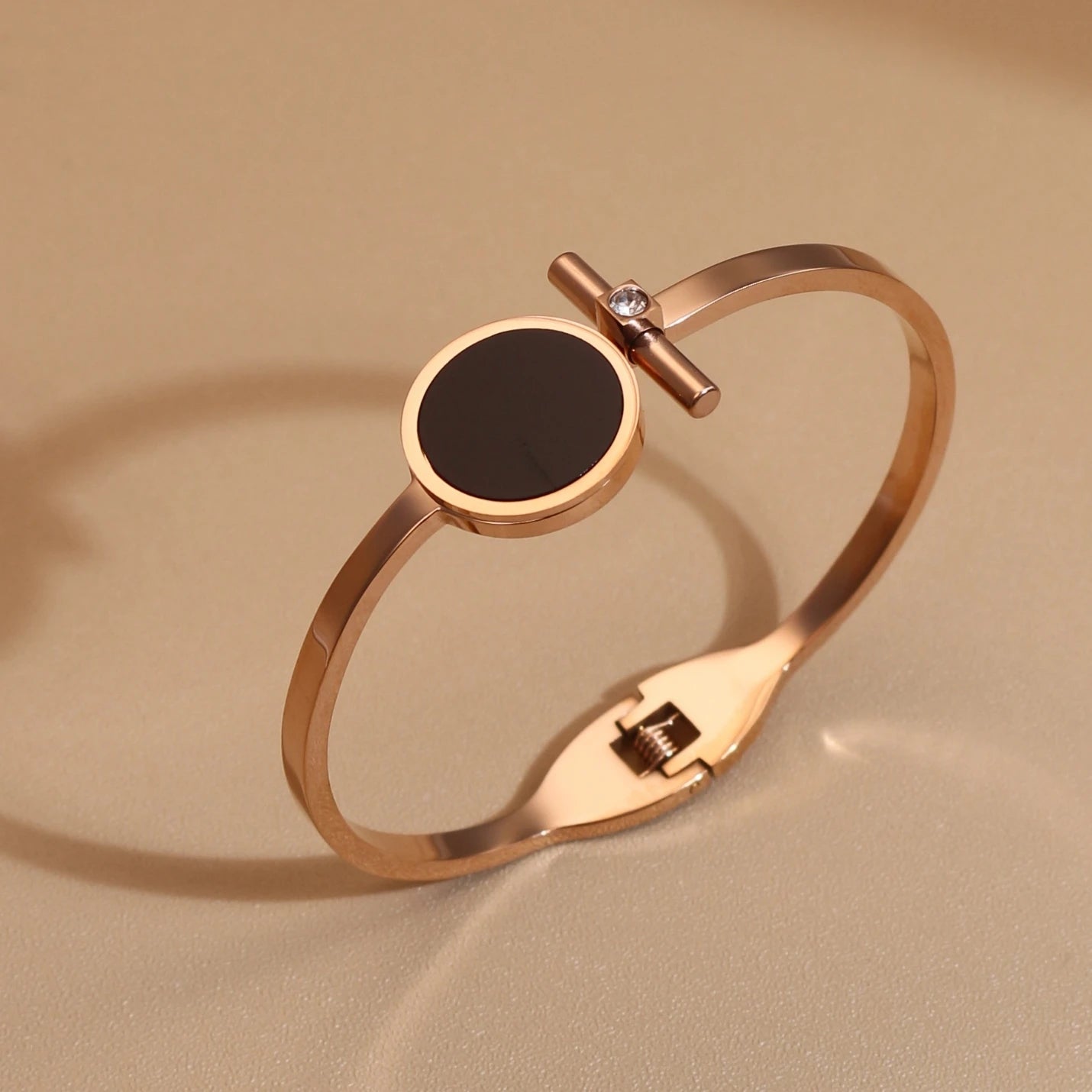 Women 2-In-1Black Acrylic Zirconia Stainless Steel Ring Bangle Bracelet Gifts Set