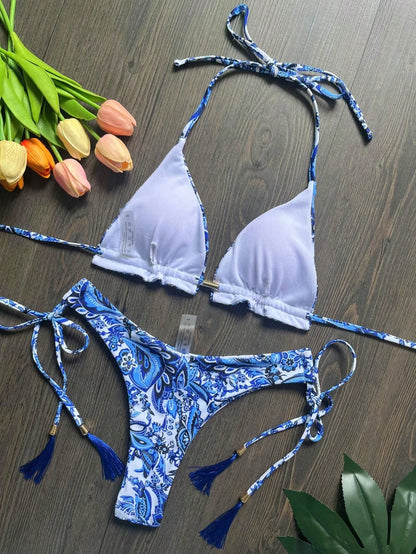 Women Print Cut Out Swimwear Low Waist Swimsuit Micro Bathing Triangle Beachwear Bikinis Set