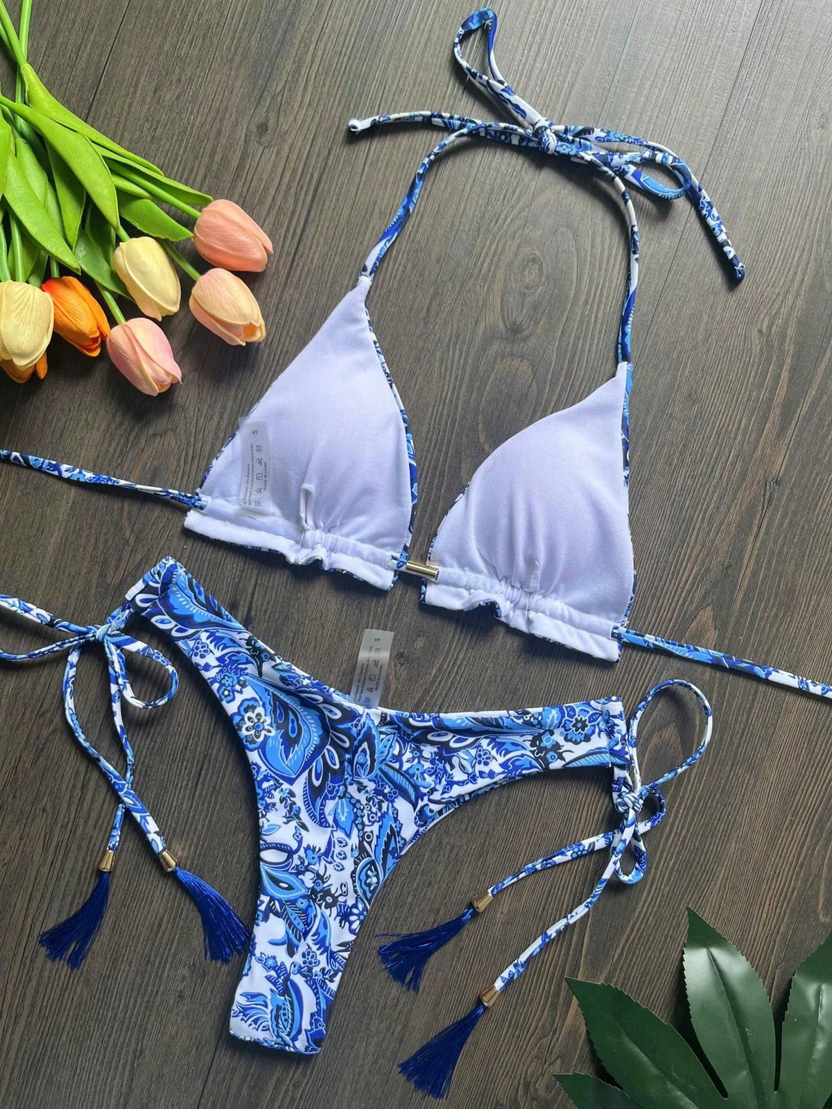 Women's Swimsuit Two-piece Sexy Blue white porcelain Print Bikini Swimwear Bathing Brazilian Suit
