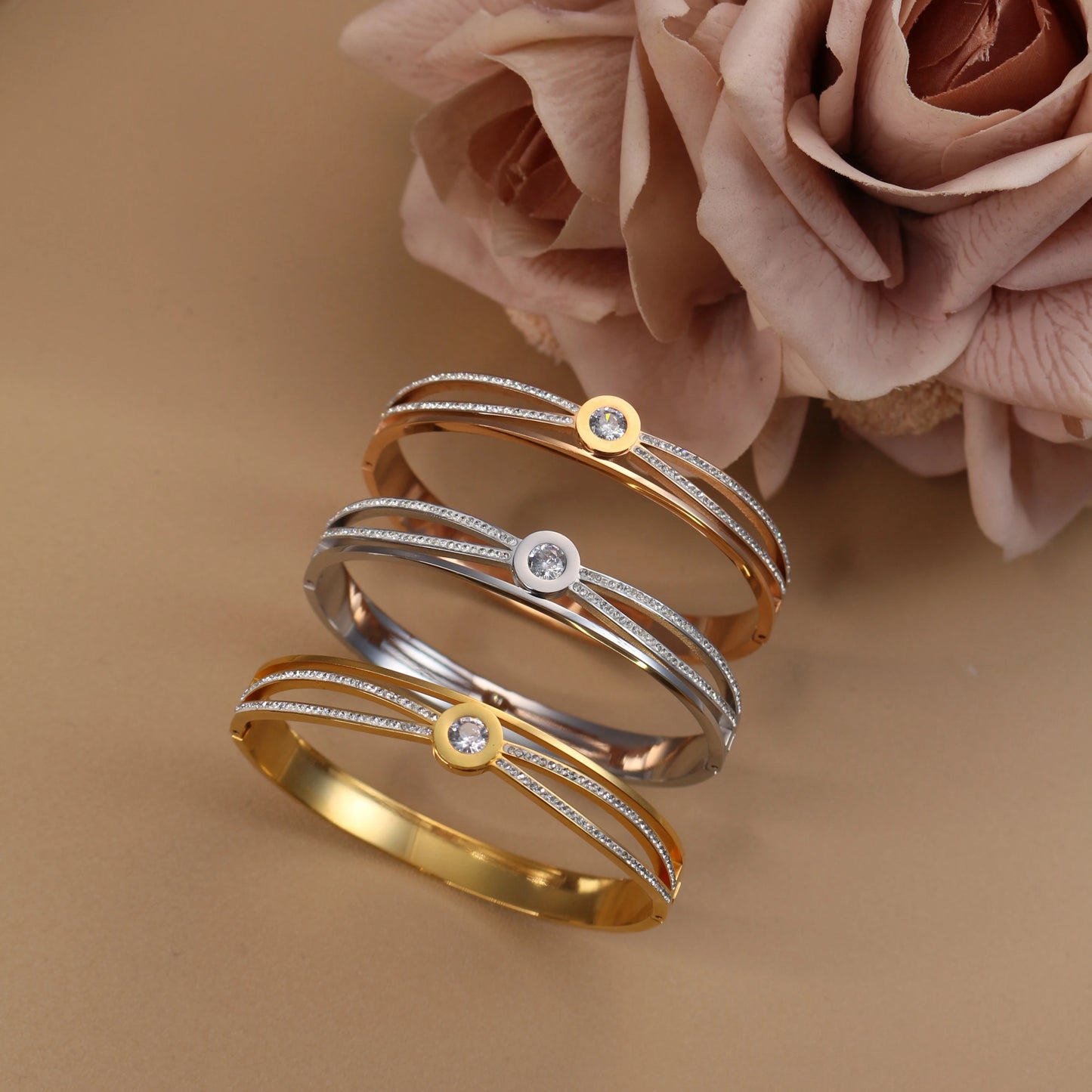 Women Stainless Steel Cross Small Zircon Round Charm Crystal Bangle Bracelet