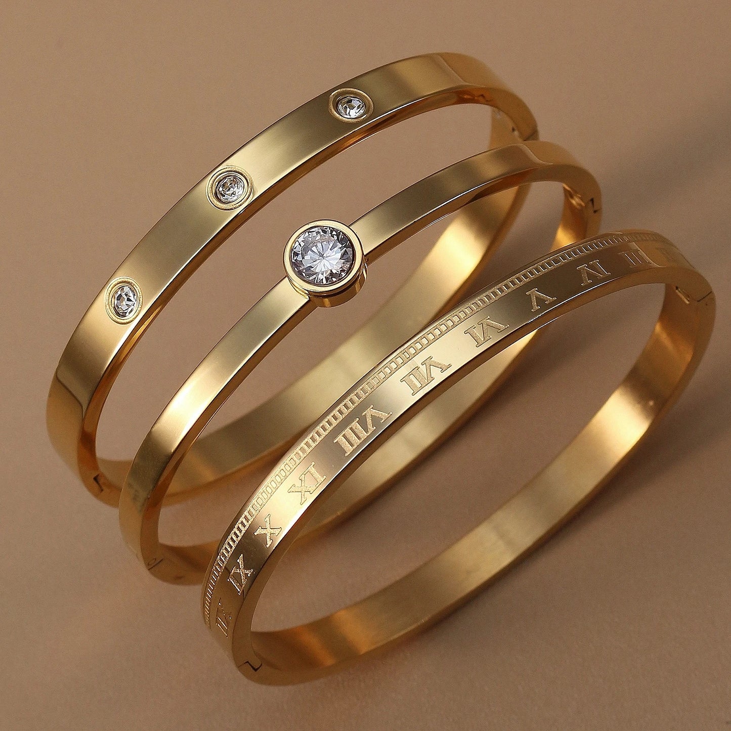 Women Roman Numeral 18k Gold Color Stainless Steel Zircon Bracelet Bangles