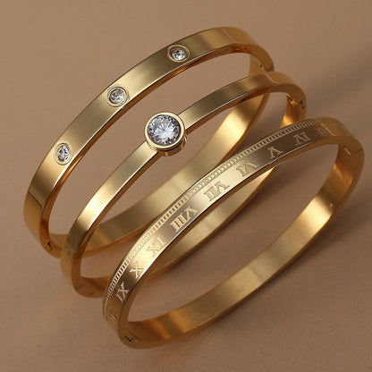 Women Roman Numeral 18k Gold Color Stainless Steel Zircon Bracelet Bangles