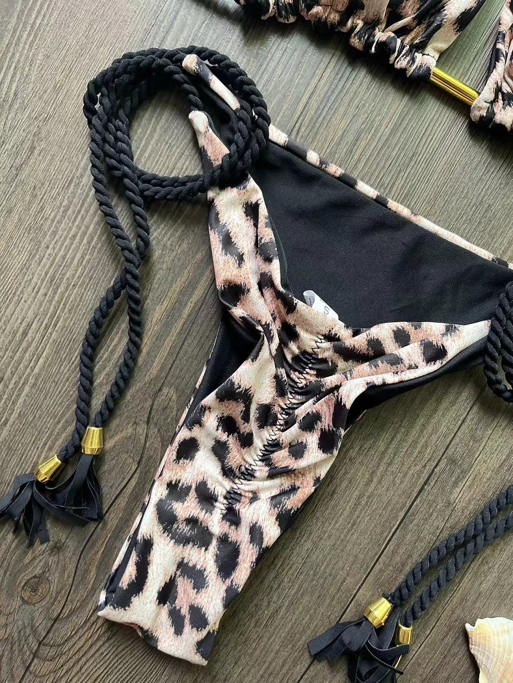 Sexy Leopard Print Women's Split Bikini Woven Rope Strap Fringe Two-Piece Swimsuit Bathing Suit