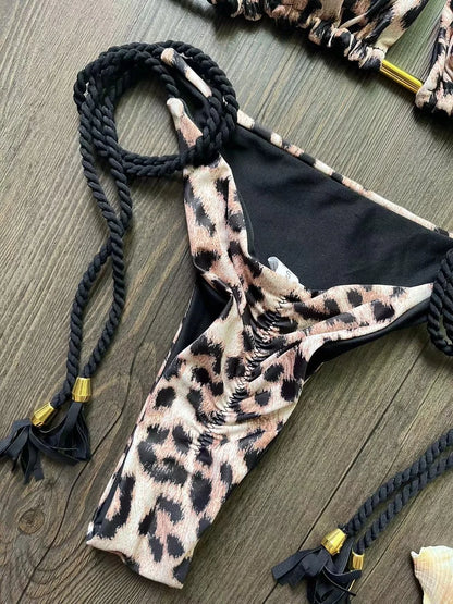 Sexy Leopard Print Women's Split Bikini Woven Rope Strap Fringe Two-Piece Swimsuit Bathing Suit