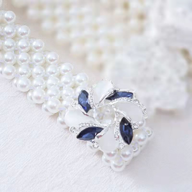 Women Pearl Floral Buckle Pearl Decors Rhinestone Wedding Elastic Belts