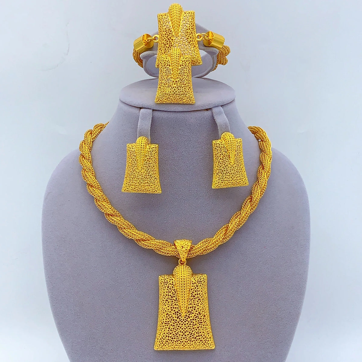 Dubai 24k Gold Color Women Ethiopian Indian Bridal Wedding Twisted Necklace Earrings Sets