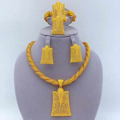 Dubai 24k Gold Color Women Ethiopian Indian Bridal Wedding Twisted Necklace Earrings Sets