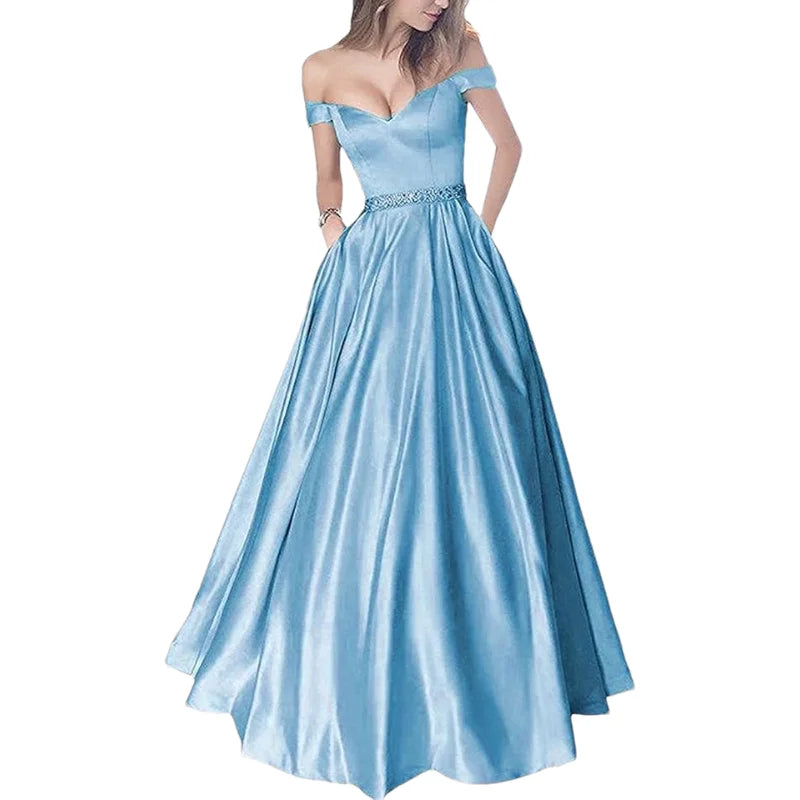Women Off The Shoulder Beaded Satin V Neck Corset A Line Long Formal Prom Evening Party Gown Dress w/Pocket