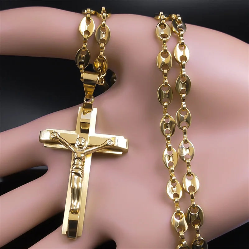 Men Stainless Steel Gold Color Christian Jesus Cross Crucifix Pendant Necklace