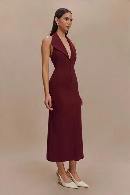 Halter Deep V Neck Sleeveless Sexy Maxi Backless Bodycon Tank Long Dress