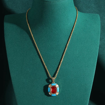 Vintage Designer Blue Enamel Red Glass Square Hanging French Stylish Luxury Charm Pendant Necklace