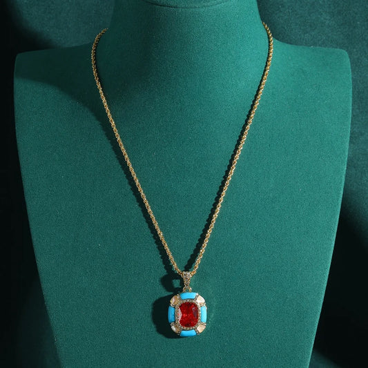 Vintage Designer Blue Enamel Red Glass Square Hanging French Stylish Luxury Charm Pendant Necklace