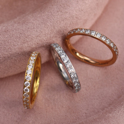2mm Women 18k gold plated Stainless Steel Crystal CZ Eternity Wedding Ring Gifts