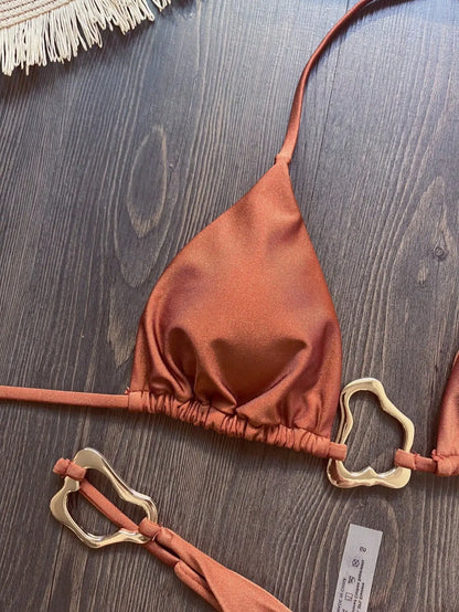 Women Bikini Solid Color Lace-up Split Two-piece Swimsuit Swimwear Suit