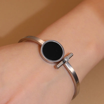 Women 2-In-1Black Acrylic Zirconia Stainless Steel Ring Bangle Bracelet Gifts Set