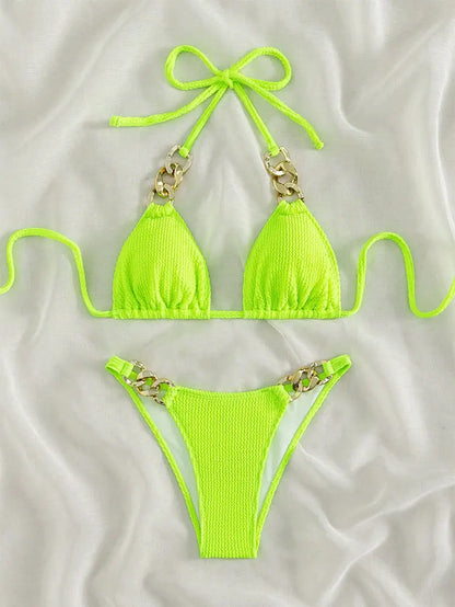 2pcs Women fluorescent green string metal tie halter bikini thong swimsuit Swimwear bathing suit