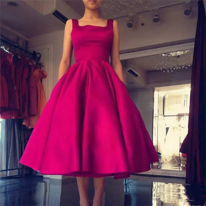 Women's Square Neck Satin Prom Bow A Line Backless Tea Length Formal Evening Party Dress w/ Pockets