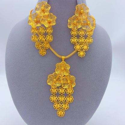 Indian 24k Gold Color Bridal Ethiopian Africa Flower Dubai Necklace Earrings Jewelry afSets