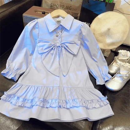 Girls Plain Kids Lapel Bow Long Sleeved Princess Birthday Party Shirt Dress