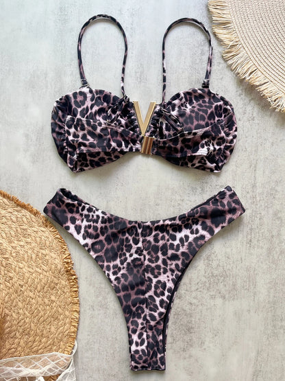 Women's triangle leopard print bikini 2-piece metal V decor summer beach split swimsuit