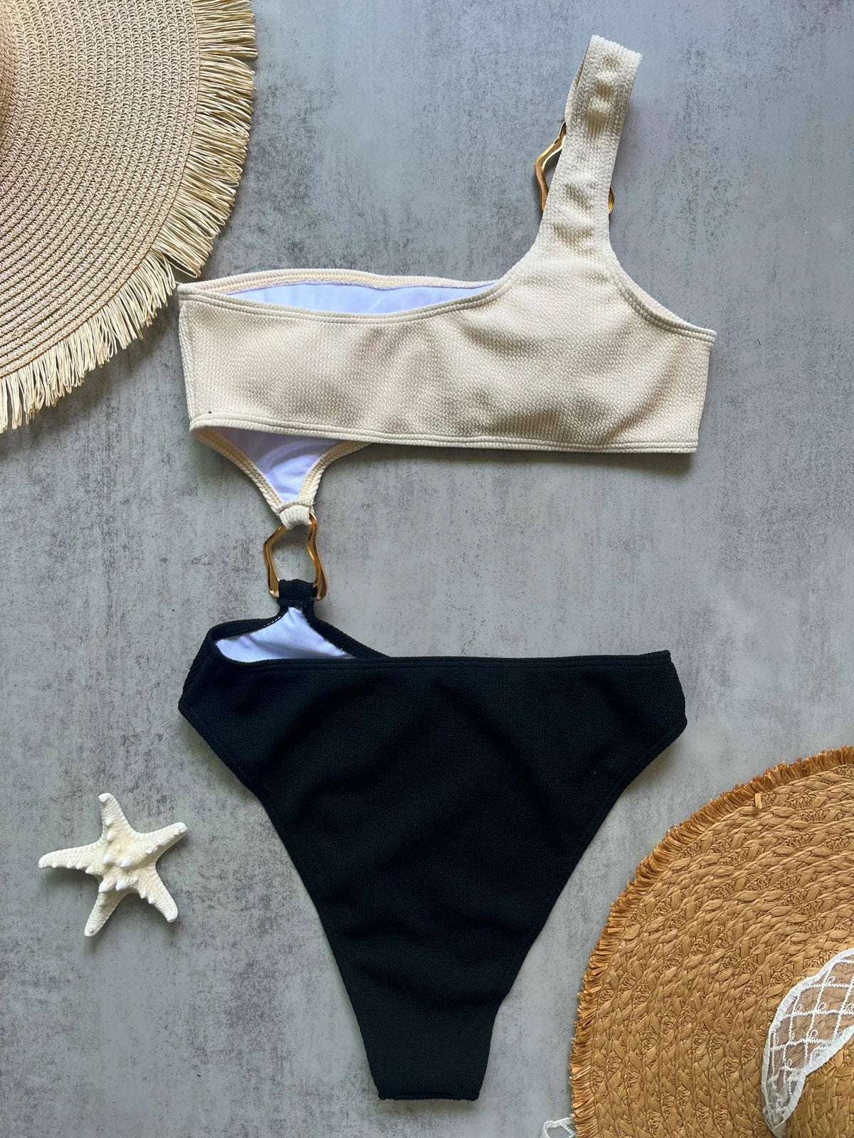 Women Splicing Asymmetric One Shoulder Piece Swimsuit Metal Ring High Cut Bather Bathing Suit