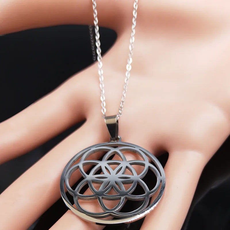 Women Men Sacred Geometry Seed of Life Talisman Yoga Flower of Life Stainless Steel Mandala Necklace