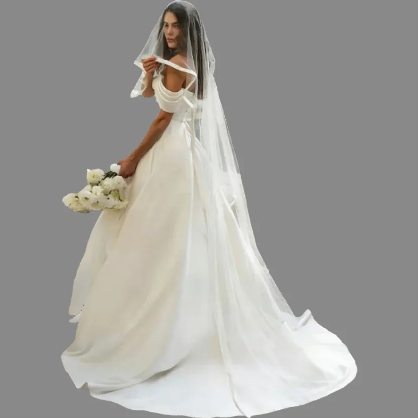 Romantic Off The Shoulder Simple Satin Wedding Pleat Sweep Train A Line Bridal Lace-up Dress Gown