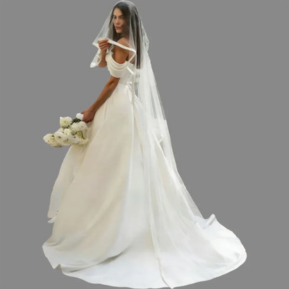 Romantic Off The Shoulder Simple Satin Wedding Pleat Sweep Train A Line Bridal Lace-up Dress Gown